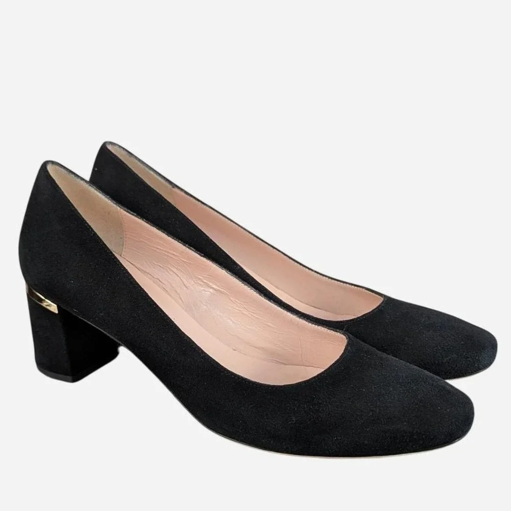 Kate Spade New York Black Suede Block Heel Pump Gold Hardware Size 7.5